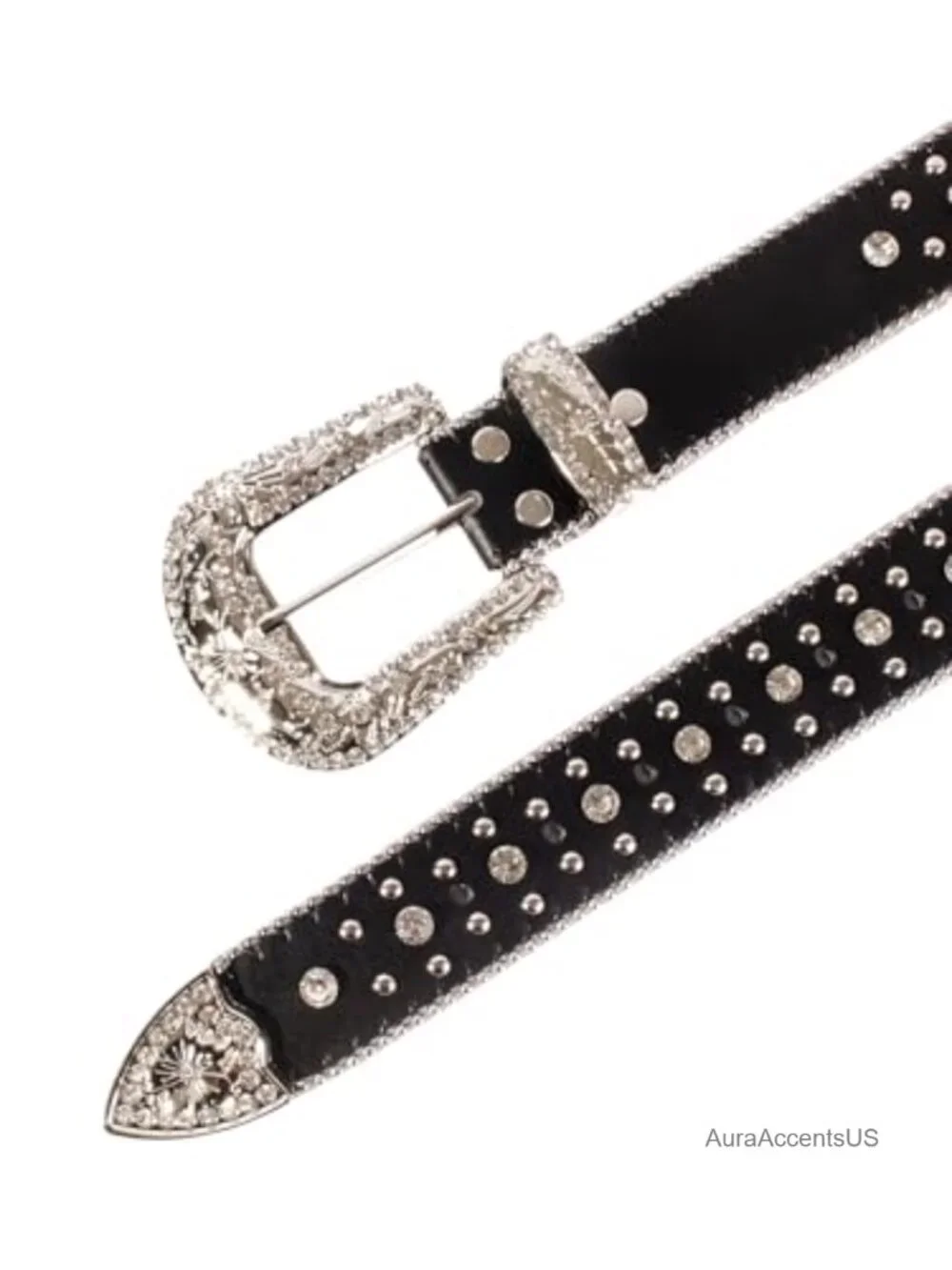 Rhinestone Western Belt - Faux Leather Cowgirl Cowboy Belt with Cross Design